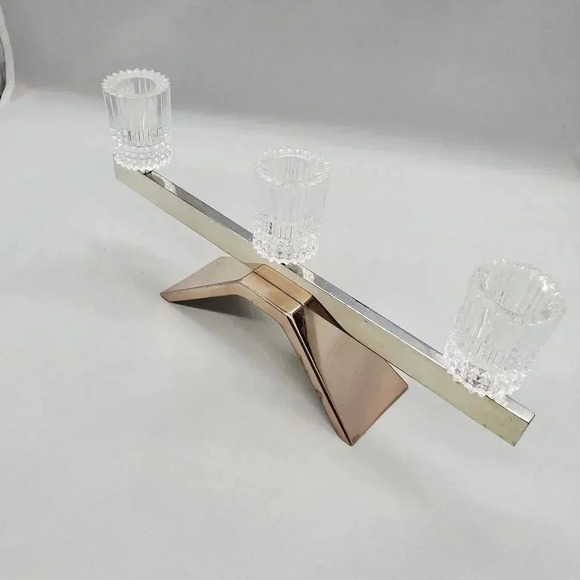 Vintage MCM 60s 3 Candle Stick Holder Silver Metal Bar Crystal Cups Germany Mod - Picture 8 of 16